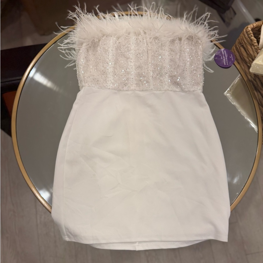 Windsor White Sequin feather Strapless Dress